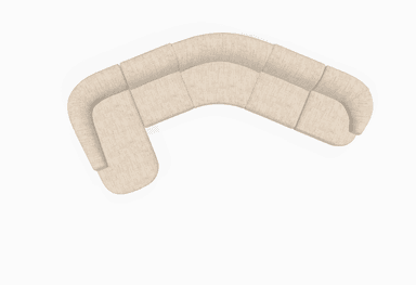 A large, contemporary curved modular sectional sofa featuring light beige textured fabric upholstery and an integrated left-hand chaise lounge. The sofa exhibits a low-profile silhouette with rounded edges and minimal visible legs. — 3D model