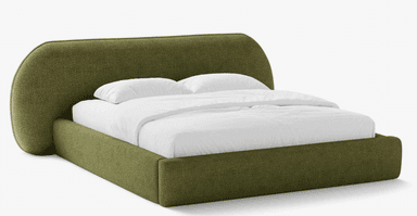 A modern platform bed featuring a generously proportioned, curved headboard and a low-profile frame, both fully upholstered in a textured, olive green fabric. The design is clean and contemporary, with no visible legs, giving it a solid, grounded appearance. White bedding is visible on the mattress. — 3D model