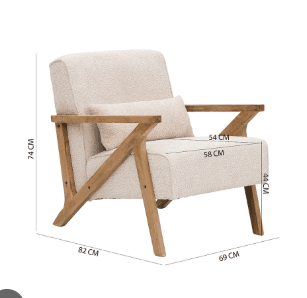 An upholstered armchair with a visible light-toned wooden frame. It features clean lines, a low profile, and is upholstered in a cream-colored, textured boucle fabric, accompanied by a matching lumbar pillow. — 3D model