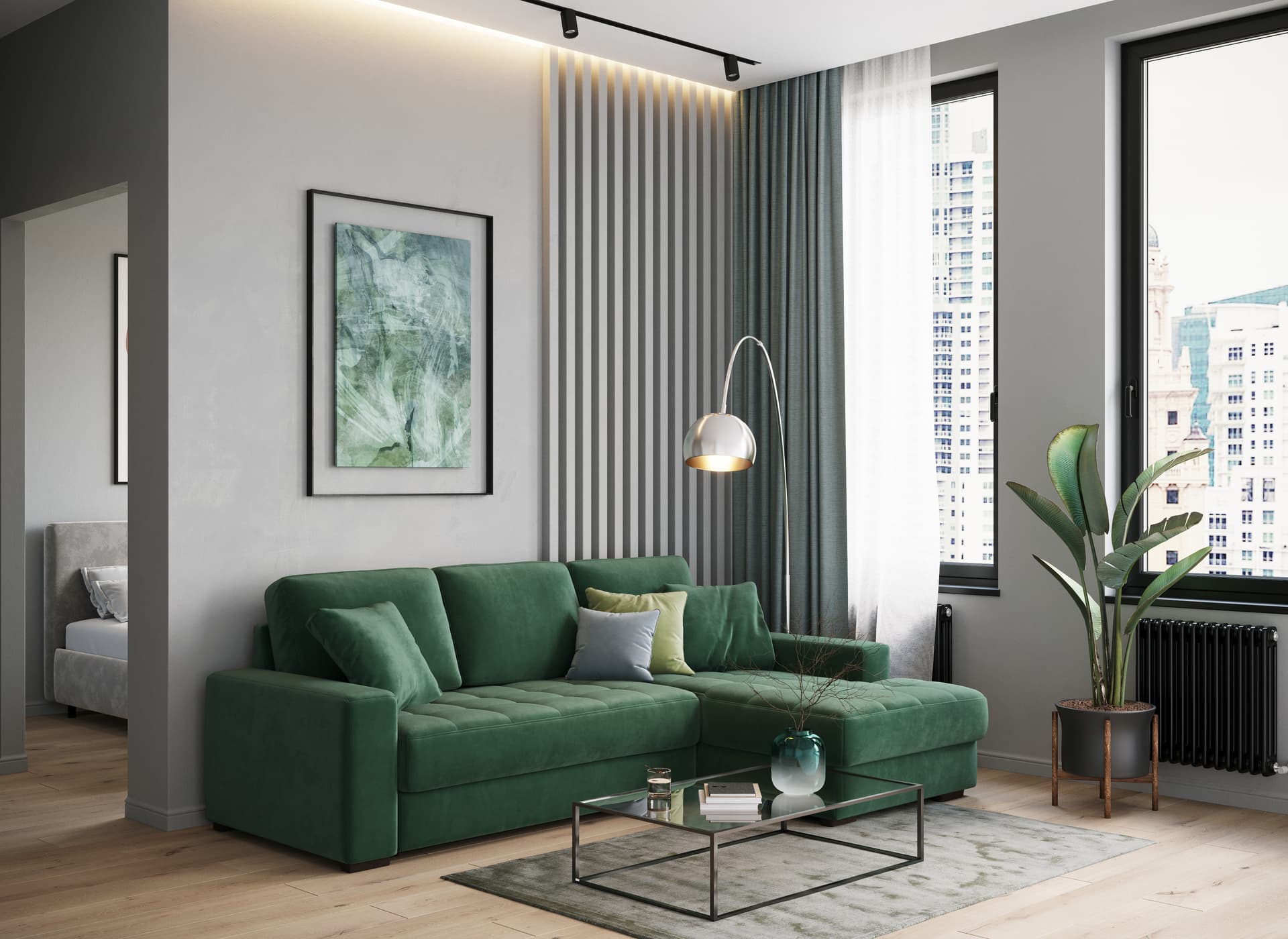 An L-shaped sectional sofa upholstered in a deep forest green fabric, featuring a modern design with clean lines, squared armrests, and subtle button tufting on the seat cushions. It includes an integrated chaise lounge. — 3D model
