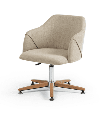 A contemporary swivel chair featuring a rounded, fully upholstered shell with integrated arms, supported by a five-point wooden base with chrome accents. — 3D model