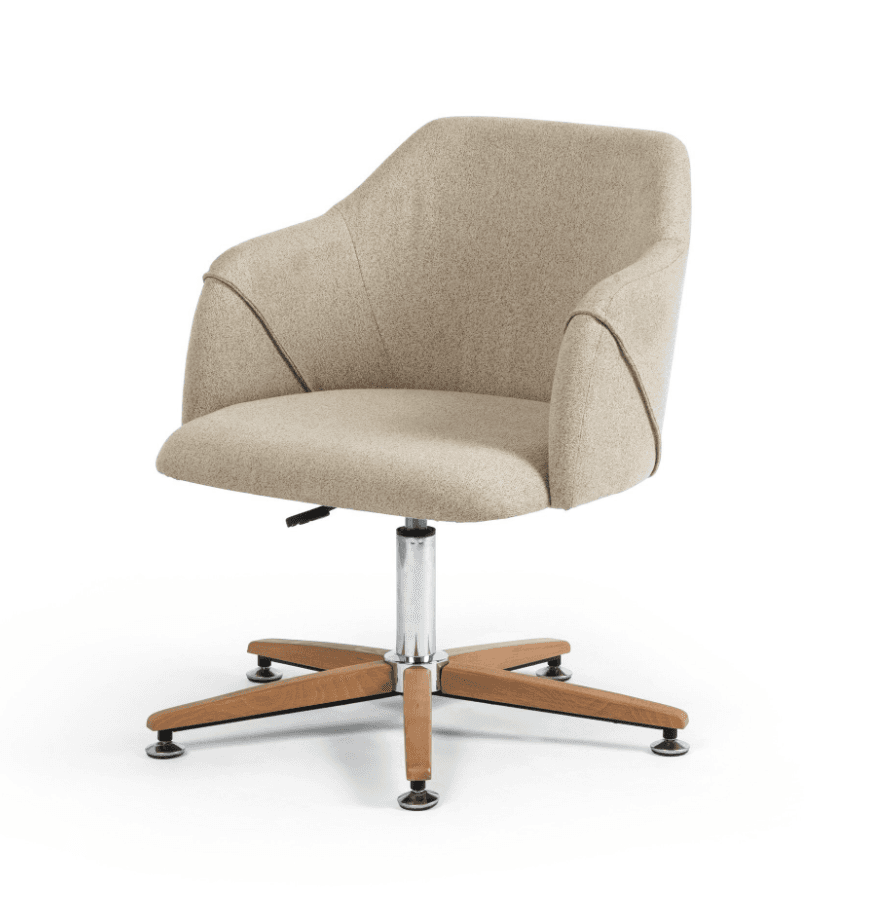 A contemporary swivel chair featuring a rounded, fully upholstered shell with integrated arms, supported by a five-point wooden base with chrome accents. — 3D model