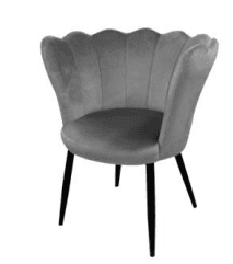 A modern gray velvet accent chair with a distinctive scalloped, shell-shaped backrest and slender black legs. — 3D model