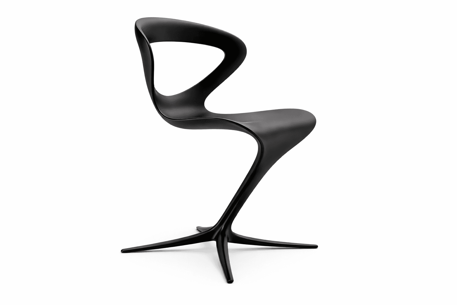 A modern, avant-garde chair with a fluid, organic design. It features a single, continuous form that creates the seat, backrest, and a singular, sculptural leg that branches out into a four-pronged base. The overall silhouette is dynamic and artistic. — 3D model