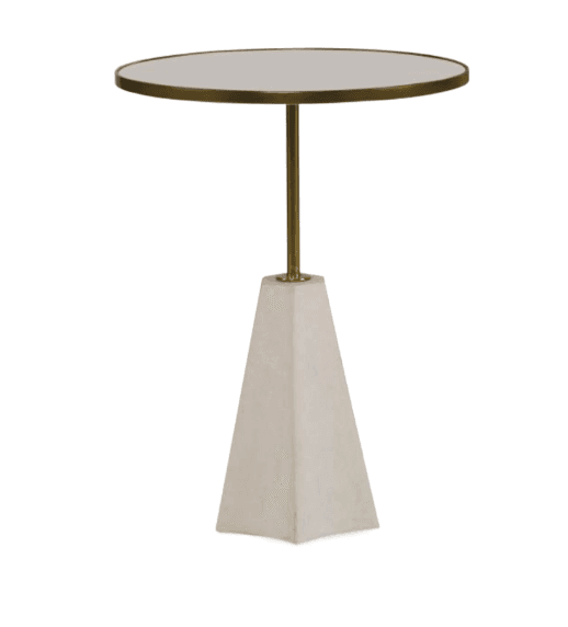 A modern accent table featuring a round, light-colored tabletop with a brass rim, supported by a slender brass stem. The stem is anchored to a conical, tapered concrete base. The base has a multi-faceted design, broadening towards the bottom, providing a stable foundation for the elegant top. — 3D model