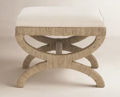 A rectangular upholstered bench featuring an X-shaped curule base fully wrapped in natural fiber rope, topped with a light cream fabric cushion. — 3D model