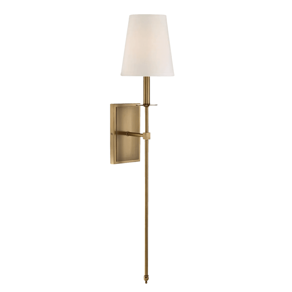 A single wall lamp featuring a rectangular backplate, an adjustable arm, and a conical lampshade. The lamp is designed to be mounted on a vertical surface. The arm extends from the backplate and supports the lampshade at the top. — 3D model
