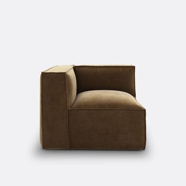 A low-profile, upholstered corner armchair with a modular design. It features a deep seat cushion and a wrap-around backrest forming a corner configuration. The upholstery has a distinct corduroy texture. — 3D model