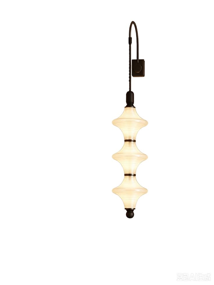 A modern wall sconce featuring a distinctive multi-tiered shade composed of three stacked, hourglass-shaped diffusers. The diffusers appear to be made of a translucent, ribbed or pleated fabric, emitting a soft, diffused light. The shade is supported by a slender, dark-colored, curved metal arm that mounts to the wall with a simple rectangular base. — 3D model