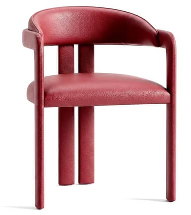 A modern, fully upholstered chair with a continuous rounded backrest and integrated armrests, featuring a deep red, grained leather-like material and straight legs. — 3D model