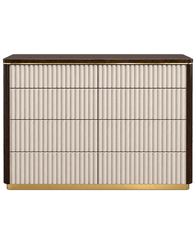 A contemporary chest of drawers featuring a dark wood finish on its frame and top, contrasted with off-white fluted drawer fronts. The unit has a rectangular form with subtly rounded corners on the top and base. Slim brass accents outline the top edge and form a continuous base frame, adding a touch of elegance. The fluted texture on the drawer fronts provides visual interest and a tactile element. The piece appears to have multiple drawers, arranged in horizontal rows, suggesting ample storage capacity. — 3D model