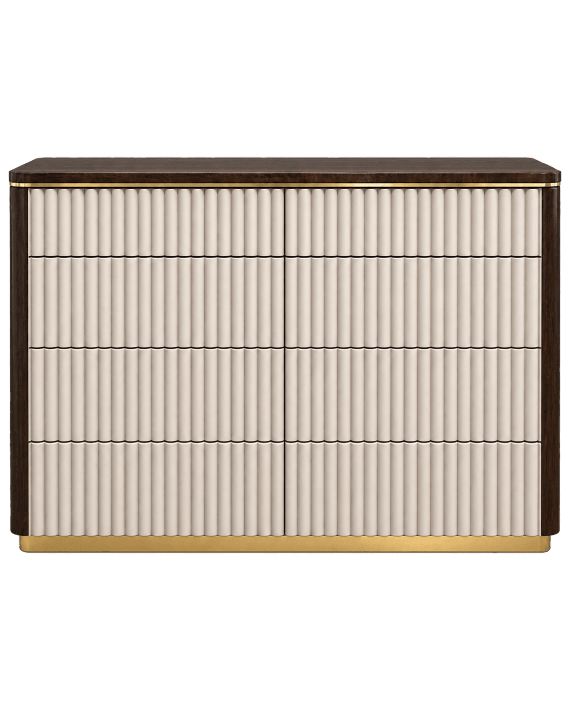 A contemporary chest of drawers featuring a dark wood finish on its frame and top, contrasted with off-white fluted drawer fronts. The unit has a rectangular form with subtly rounded corners on the top and base. Slim brass accents outline the top edge and form a continuous base frame, adding a touch of elegance. The fluted texture on the drawer fronts provides visual interest and a tactile element. The piece appears to have multiple drawers, arranged in horizontal rows, suggesting ample storage capacity. — 3D model