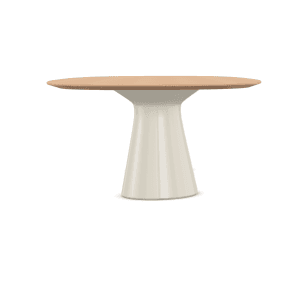 An elongated, light-colored oval table with a wood or wood veneer top, supported by three cream-colored, flared pedestal bases. — 3D model