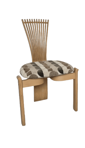 A light wood chair featuring a distinctive fan-shaped slatted backrest and an upholstered seat with a brown and grey abstract pattern. The chair is armless with a sturdy, upright form. — 3D model