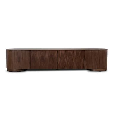 A long, low wooden cabinet featuring four door panels and distinctively rounded ends, crafted from a dark, richly grained wood. The piece sits on a recessed base, maintaining a clean, grounded silhouette. — 3D model