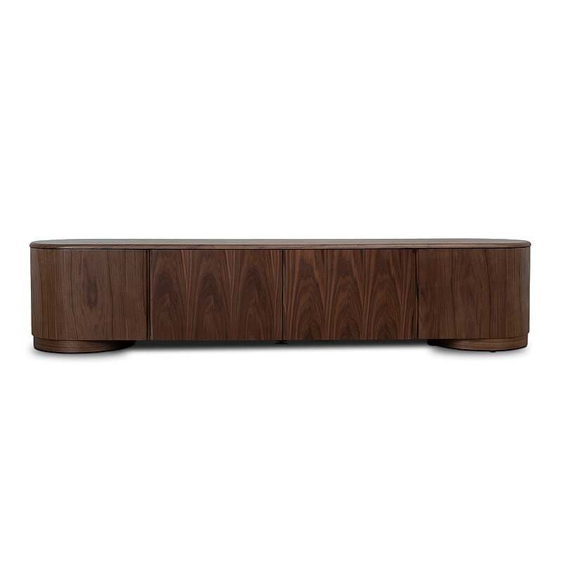 A long, low wooden cabinet featuring four door panels and distinctively rounded ends, crafted from a dark, richly grained wood. The piece sits on a recessed base, maintaining a clean, grounded silhouette. — 3D model