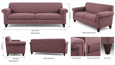 A two-seater sofa featuring a dusty rose-colored woven fabric upholstery. It has classic rolled arms, two individual seat cushions, and two back cushions, all upholstered in the same fabric. The sofa stands on four short, tapered dark brown wooden legs, providing a slightly elevated base. The overall design suggests a comfortable and traditional aesthetic. — 3D model