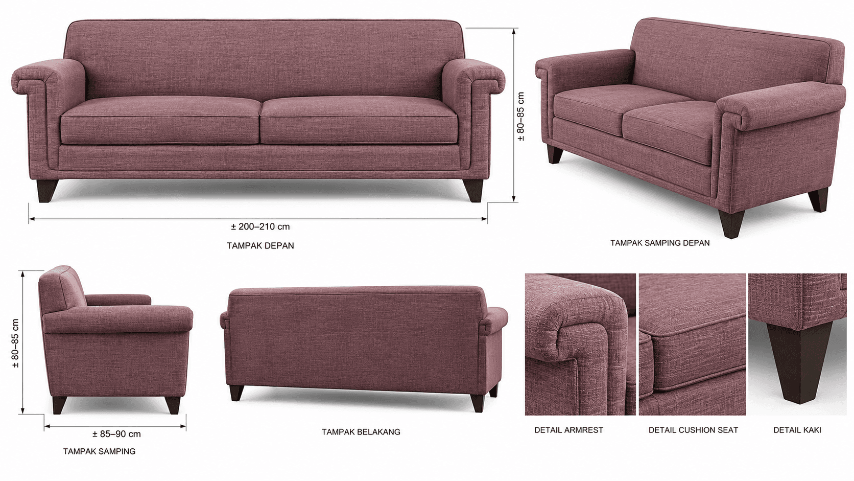 A two-seater sofa featuring a dusty rose-colored woven fabric upholstery. It has classic rolled arms, two individual seat cushions, and two back cushions, all upholstered in the same fabric. The sofa stands on four short, tapered dark brown wooden legs, providing a slightly elevated base. The overall design suggests a comfortable and traditional aesthetic. — 3D model