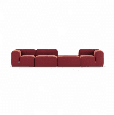 A long, modular sectional sofa composed of five individual upholstered units, including two end pieces with integrated armrests, two armless seat sections, and one ottoman/chaise section. The sofa is upholstered in a plush reddish-brown velvet fabric, featuring a low-slung profile and soft, rounded block-like forms. — 3D model