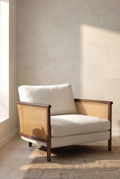 A modern lounge chair featuring a curved dark wood frame with cane webbing on the backrest, complemented by plush, off-white fabric cushions. The chair is designed for comfort and adds a relaxed yet elegant aesthetic to an interior space. — 3D model