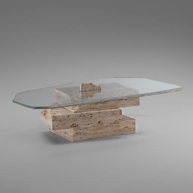 A postmodern coffee table featuring an irregular-shaped glass top supported by a stacked, multi-level base constructed from natural, rough-hewn travertine blocks. The base comprises several geometric and organic stone elements, creating a sculptural and robust foundation for the transparent tabletop. — 3D model