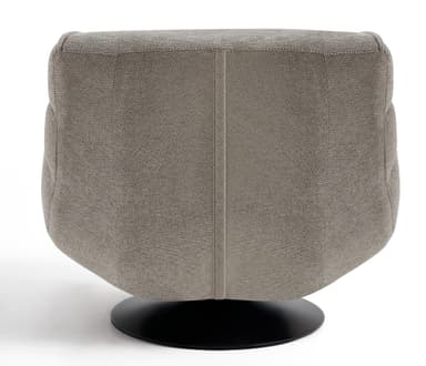 A contemporary upholstered swivel lounge chair featuring a deeply cushioned, rounded form in a neutral textured fabric, supported by a circular black disc base. — 3D model