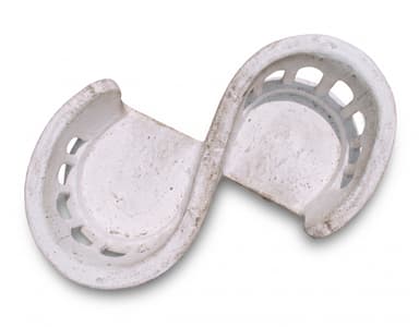 A sculptural white concrete garden bench featuring two distinct seating sections supported by stout pedestal bases. The backrest and armrests form a continuous, curved structure with arch-like cutouts, giving it an architectural and organic appearance. The material shows signs of weathering and age. — 3D model