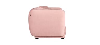 A two-seater sofa upholstered in a textured pink fabric. It features rounded armrests and back cushions, with two square throw pillows placed on top of the backrest. The sofa has a low profile with dark, almost invisible feet. — 3D model