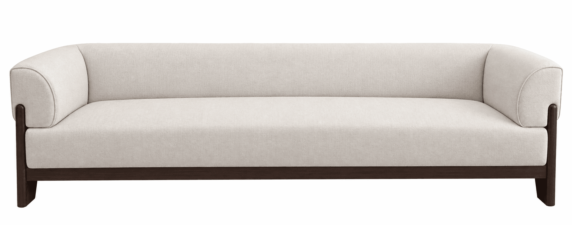 A modern sofa featuring light-colored, textured fabric upholstery and a prominent dark wood frame. The sofa has a streamlined silhouette with gently rounded, integrated armrests. The dark wooden elements form the base and extend upwards to support the armrests, creating a visually appealing contrast with the light upholstery. The design emphasizes clean lines and a contemporary aesthetic. — 3D model