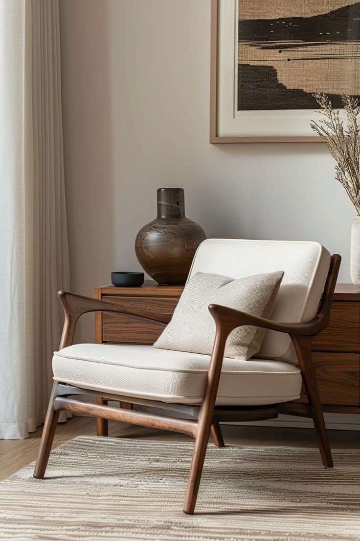 A stylish mid-century modern armchair featuring an exposed dark wood frame and plush, off-white upholstered cushions. The chair includes a separate seat cushion, back cushion, and a small lumbar pillow, all covered in a textured fabric. The wooden frame exhibits elegant curves, particularly in the armrests and leg structure, giving it a light yet sturdy appearance. The overall design suggests comfort and a sophisticated aesthetic. — 3D model