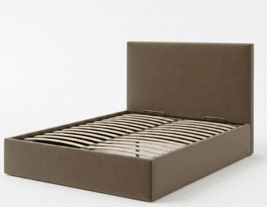 A modern upholstered platform bed frame featuring a simple, clean design with an integrated headboard and a wooden slat support system. The frame is covered in a textured fabric in a neutral taupe color. — 3D model