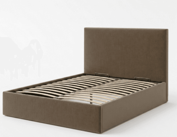 A modern upholstered platform bed frame featuring a simple, clean design with an integrated headboard and a wooden slat support system. The frame is covered in a textured fabric in a neutral taupe color. — 3D model