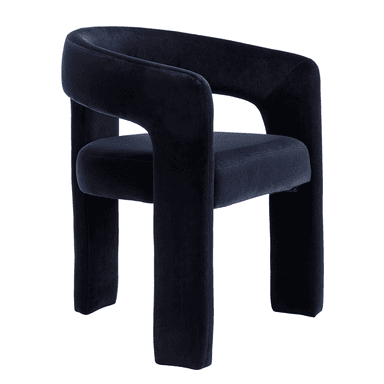 A contemporary armchair upholstered in dark fabric. It features a curved backrest that extends into armrests, creating a continuous loop. The seat is cushioned and rectangular. The chair is supported by four legs, with the front legs being straight and extending vertically from the armrest structure, and the rear support appearing to be a single, solid block integrated into the backrest structure, extending to the floor. The overall design is minimalist and modern. — 3D model