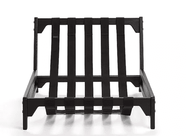 A modern, low-slung lounge chair frame constructed from black-stained wood with exposed black textile webbing for the seat and back support. The design features clean lines and visible brass pin fasteners. — 3D model
