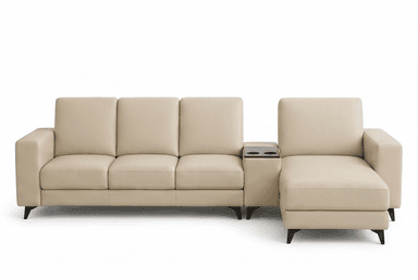 A cream-colored sectional sofa with a chaise lounge attachment. The sofa features multiple cushions and a built-in wooden console with two cup holders between the main sofa section and the chaise. It is supported by dark, angled legs. — 3D model