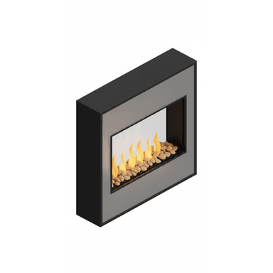 A modern, rectangular fireplace with a black metal frame. The interior features a bed of light-colored pebbles and is illuminated by artificial flames, suggesting it is a bioethanol or electric fireplace. — 3D model