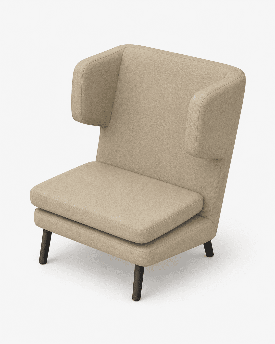 A contemporary high-back lounge chair, upholstered in a neutral beige fabric. It features a deep seat with a separate cushion, integrated and slightly rounded armrests, and a tall, supportive back. The chair rests on four short, tapered black legs. — 3D model