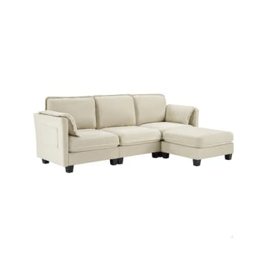 A contemporary modular sectional sofa in a light beige or off-white fabric, configured as a three-seater with an integrated left-hand chaise lounge. It features plush back and seat cushions, wide sloped armrests, and rests on short, dark square legs. — 3D model