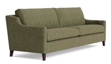 A contemporary three-seater sofa upholstered in a textured olive green fabric, featuring clean lines, track arms, and dark wooden tapered legs. — 3D model