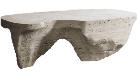 A low-profile coffee table crafted from light-colored travertine, featuring an irregular, organic top and a sculptural, cave-like base. — 3D model