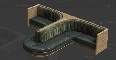 A bespoke, curvilinear booth seating unit featuring a light wood frame and dark green upholstery. The design incorporates both smooth leather-like seating surfaces and vertically channel-tufted backrests, creating a textured contrast. A central, integrated partition or planter, also finished in light wood and dark green upholstery, divides two seating areas. The overall structure suggests a modular or custom-fitted design suitable for commercial or hospitality environments. — 3D model