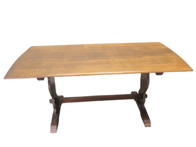 A rectangular dining table with a natural wood finish on the tabletop and a dark stained trestle base. The tabletop features a slightly curved edge and visible wood grain. The base consists of two arched supports connected by a central stretcher. — 3D model