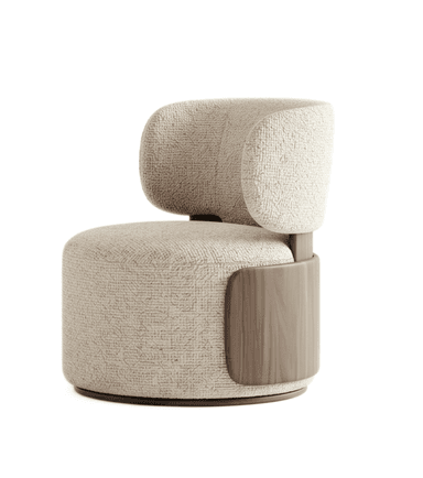 A modern lounge chair featuring a low-profile, rounded silhouette. It consists of a generously padded, cylindrical seat and a separate, curved backrest, both upholstered in a textured, light cream or beige fabric. Dark wood elements are visible on the base and as side supports, connecting the backrest to the seat and adding a contrasting detail. — 3D model