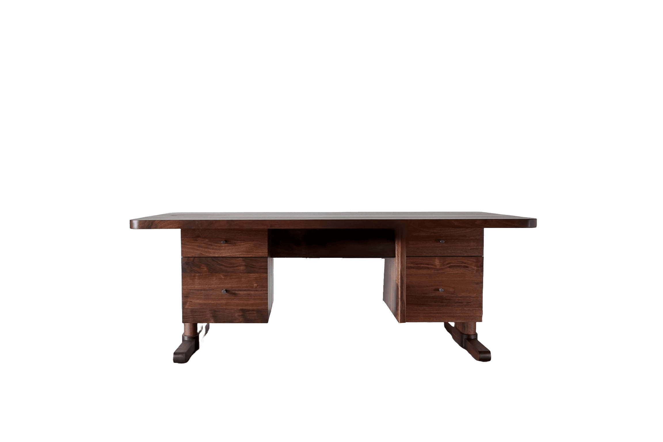 A wooden desk with a dark finish, featuring a wide rectangular top with rounded corners. The desk has two pedestal bases, each containing a stack of two drawers. The legs are slightly flared and have a decorative carved element near the bottom. A central open compartment is situated between the two pedestals. The hardware on the drawers appears to be simple metal pulls. — 3D model