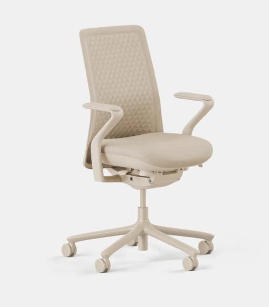 A modern, ergonomic office chair with a light beige mesh backrest featuring a subtle diamond pattern. The seat is upholstered in a matching fabric. It has adjustable armrests, a five-star base with casters for mobility, and a central gas lift mechanism for height adjustment. The overall design is contemporary and functional. — 3D model