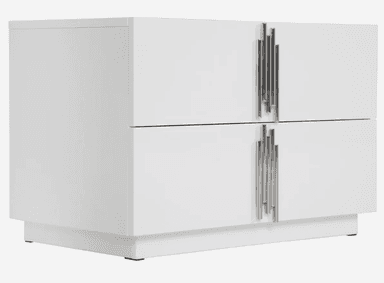 A minimalist, rectangular storage chest or cabinet rendered in a solid white finish. It features visible fasteners on the front panel, suggesting a sturdy, possibly modular construction. The unit sits on a recessed plinth base, elevated by small, discreet feet. — 3D model