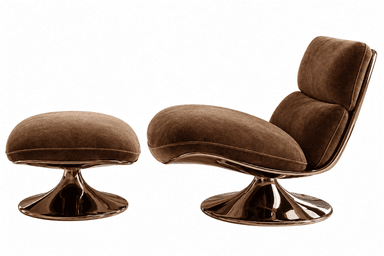 A luxurious contemporary swivel lounge chair and matching ottoman, both featuring plush brown velvet upholstery and elegant brushed gold pedestal bases. — 3D model