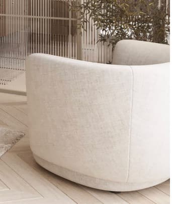 An off-white or cream-colored contemporary swivel accent chair, featuring a rounded barrel-like form. The chair is fully upholstered in a textured fabric, with a seamless back and integrated seat cushion. It has an armless design and a hidden swivel base that allows for rotational movement. — 3D model