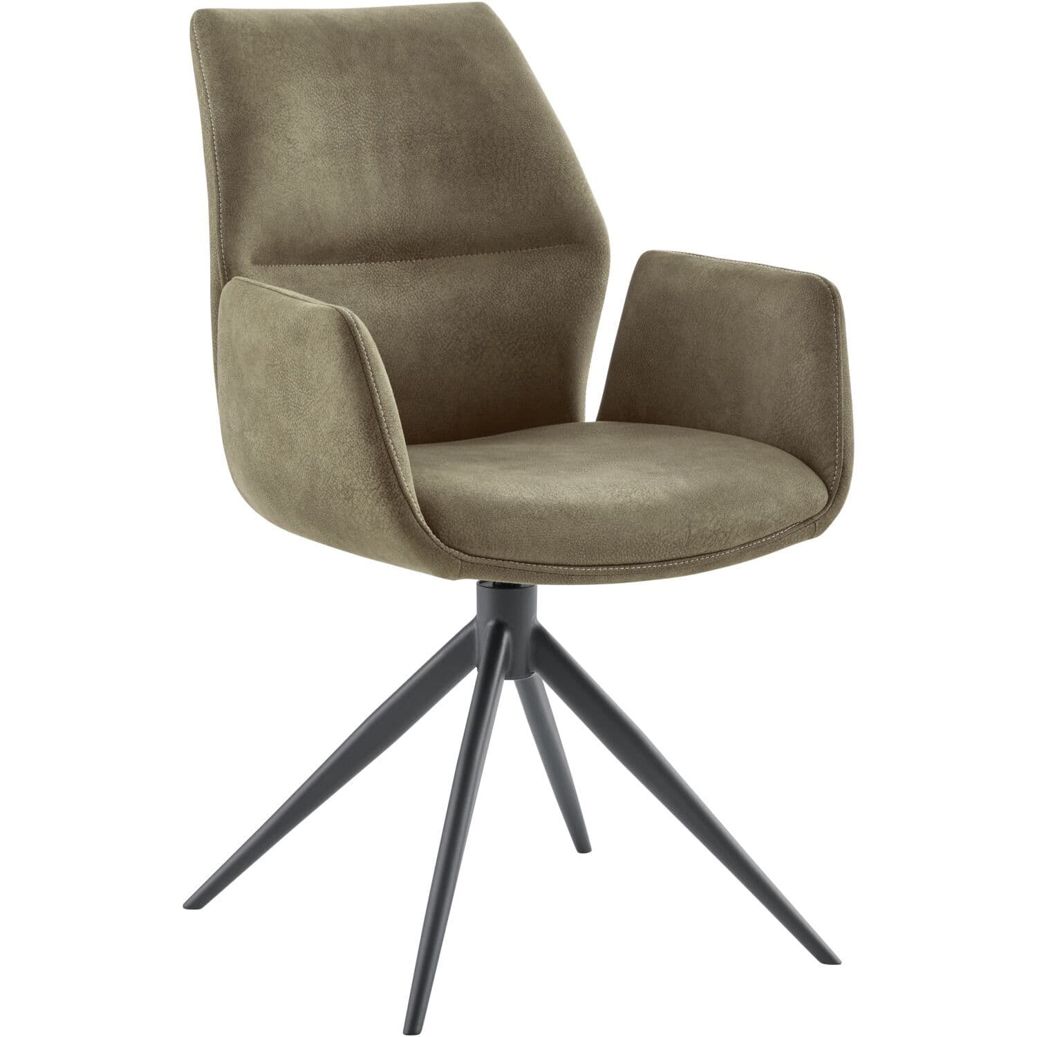 A contemporary armchair with a swivel base. The chair features a molded, upholstered seat and backrest with integrated armrests. The base consists of four splayed legs originating from a central swivel mechanism. Stitching details are visible along the edges of the upholstery. — 3D model