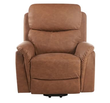 A contemporary recliner chair upholstered in a distressed brown material. It features a high back with padded headrest, overstuffed armrests, and a divided seat cushion. A control panel with buttons is visible on the right armrest, indicating electronic reclining functionality. The base appears to be a mechanical lifting mechanism. — 3D model
